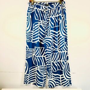 Boho coastal abstract leaf print blue/white flowy wide leg cropped palazzo pants